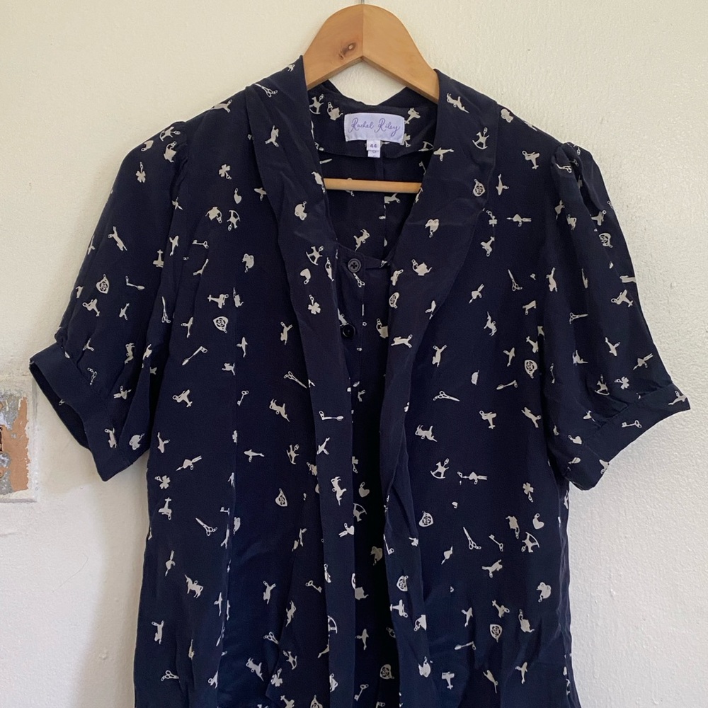 Navy Blue Blouse with White Pattern
